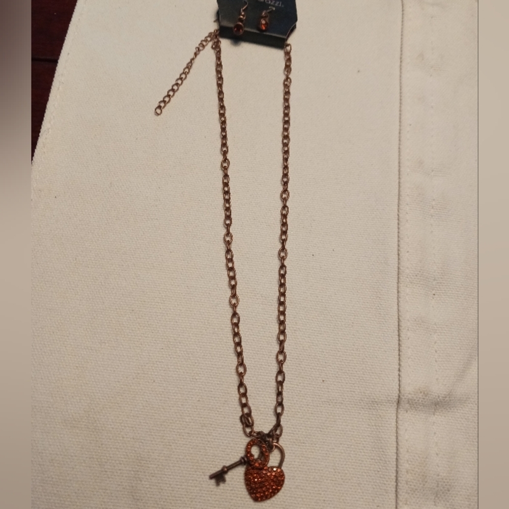 Elegant Copper Tone Heart and Key Necklace and Earrings Set. 16 inch.